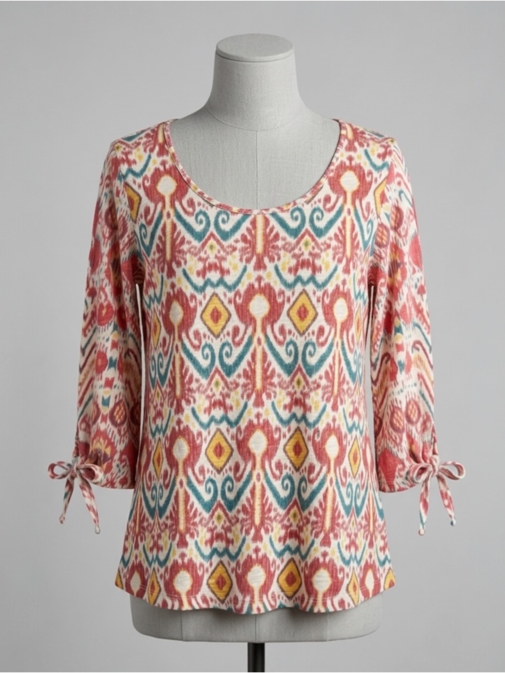 Lucky Brand Ikat Geometric Boho Knit Top Tie Sleeve Scoop Neck Southwest Large